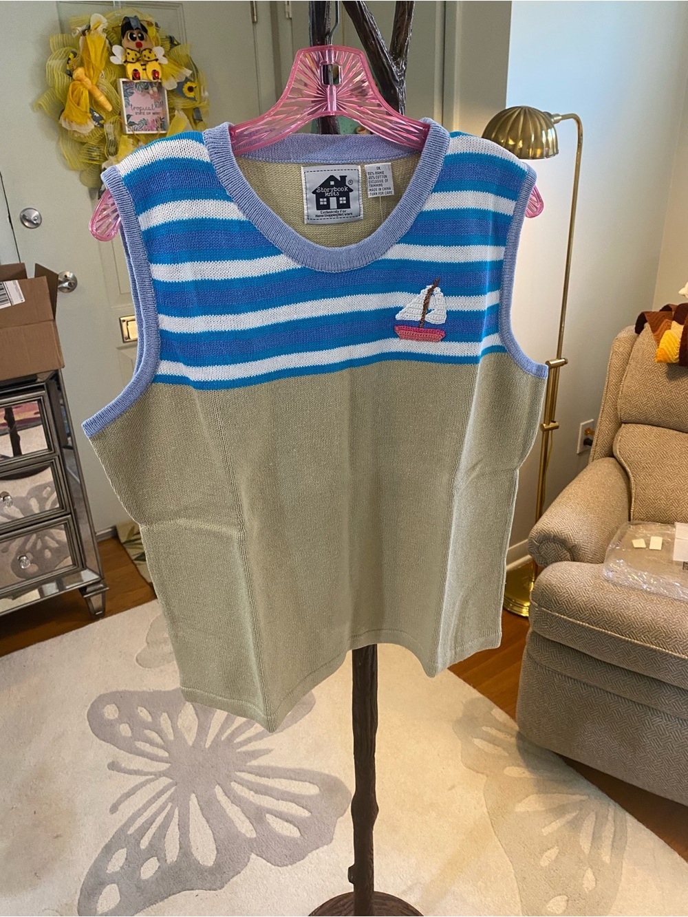 Women’s Striped Sailboat Knit Vest - Blue, Light Blue Lavender & Tan 1X